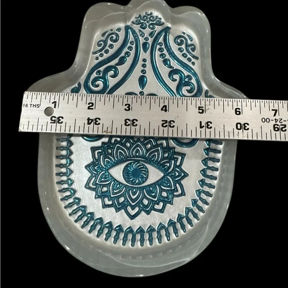 Decorative Hamsa Hand Dish with Teal Design